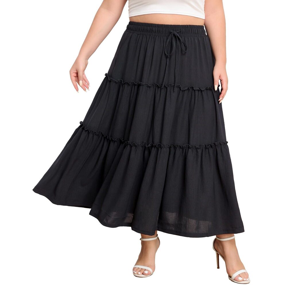 3656 Plus Size Maxi Skirt Elastic High Waisted A Line Tiered Long Flowy